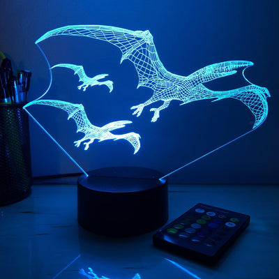 Pterodactyl Dinosaur Flock - 3D Optical Illusion Lamp - carve-craftworks-llc