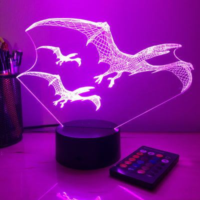 Pterodactyl Dinosaur Flock - 3D Optical Illusion Lamp - carve-craftworks-llc