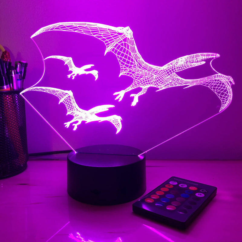 Pterodactyl Dinosaur Flock - 3D Optical Illusion Lamp - carve-craftworks-llc