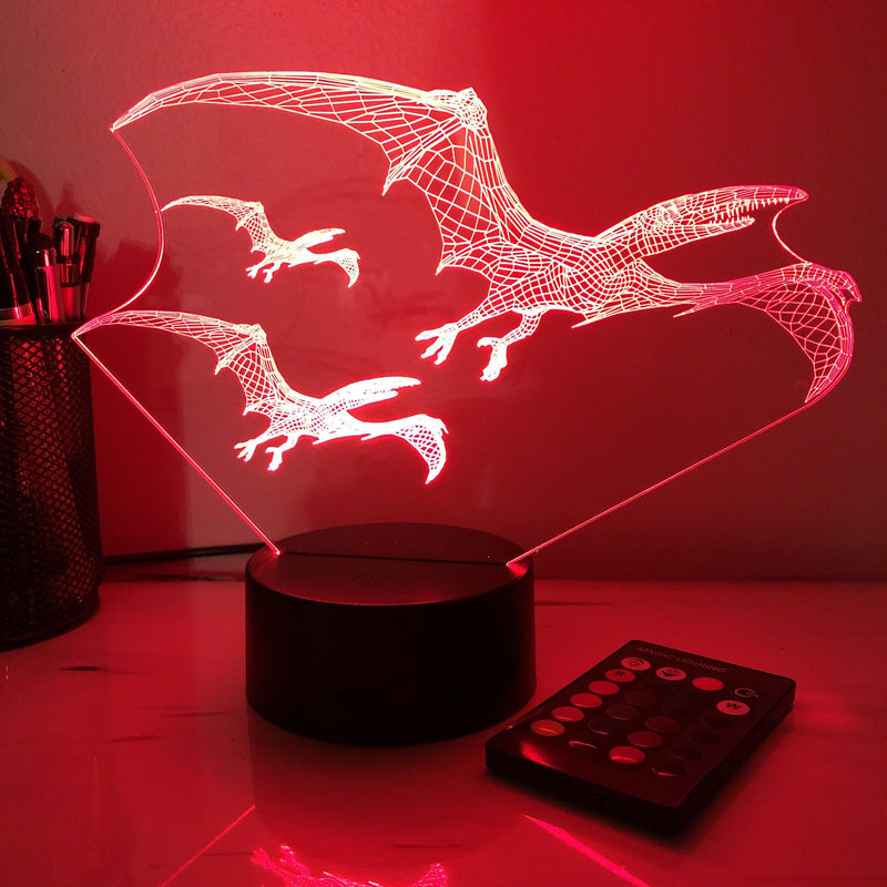 Pterodactyl Dinosaur Flock - 3D Optical Illusion Lamp - carve-craftworks-llc