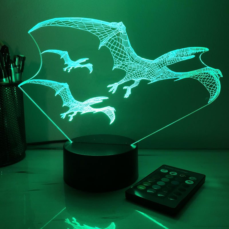 Pterodactyl Dinosaur Flock - 3D Optical Illusion Lamp - carve-craftworks-llc