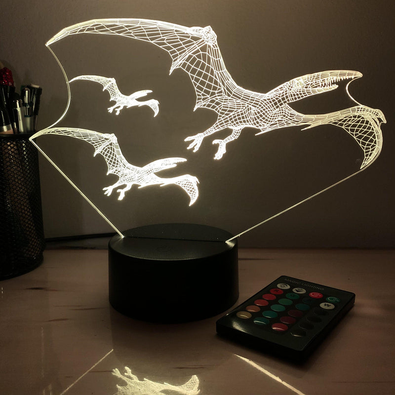 Pterodactyl Dinosaur Flock - 3D Optical Illusion Lamp - carve-craftworks-llc